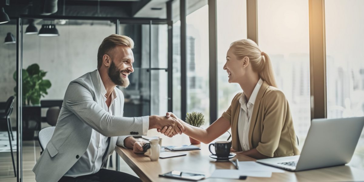 Woman and man shake hands, partners made a deal, created with Generative AI technology